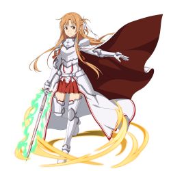 Rule 34 | 1girl, armor, artist request, asuna (sao), breasts, brown eyes, brown hair, cleavage, full body, highres, holding, holding sword, holding weapon, long hair, looking at viewer, medium breasts, rapier, smile, solo, standing, sword, sword art online, sword art online: alicization, thighhighs, weapon