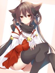 Rule 34 | 1girl, absurdres, amane tari, animal ears, bell, black bow, black thighhighs, blush, bow, brown hair, cat ears, commentary, detached sleeves, hair between eyes, hair bow, hair ornament, hair rings, highres, irori-san, japanese clothes, jingle bell, long hair, looking at viewer, miko, nontraditional miko, original, red eyes, red skirt, scarf, simple background, sitting, skirt, smile, solo, thighhighs, thighs