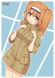 Rule 34 | 10s, 1girl, :o, alternate costume, artist name, brown eyes, coat, hairband, hand on own chest, highres, i-26 (kancolle), kantai collection, light brown hair, long hair, looking at viewer, pepatiku, pocket, simple background, solo, trench coat, two-tone hairband, two side up