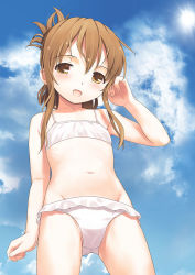 Rule 34 | 10s, 1girl, :d, bad id, bad pixiv id, bikini, brown eyes, brown hair, cloud, day, flat chest, folded ponytail, from below, inazuma (kancolle), jiji (aardvark), kantai collection, long hair, navel, open mouth, sky, smile, solo, swimsuit, white bikini