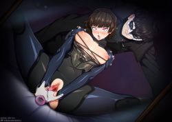Rule 34 | 1boy, 1girl, black jumpsuit, braid, dildo, dildo riding, holding, holding sex toy, jumpsuit, leaning on person, niijima makoto, persona, persona 5, sex toy, spread legs, tagme, torn clothes
