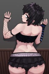 Rule 34 | 1girl, against wall, ass, bags under eyes, bare shoulders, black eyes, black hair, black lagoon, breasts, elbow gloves, eyeliner, fishnets, gloves, goth fashion, gothic, highres, looking at viewer, looking back, makeup, medium breasts, ruffled skirt, frederica sawyer, short hair, skirt, smile, solo, standing
