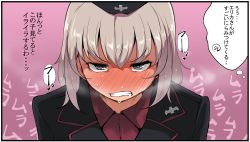 Rule 34 | 10s, 1girl, bad id, bad pixiv id, blue eyes, blush, clenched teeth, commentary request, full-face blush, girls und panzer, hat, heart, heart-shaped pupils, itsumi erika, looking at viewer, military, military hat, military uniform, short hair, silver hair, solo, sweat, symbol-shaped pupils, takato kurosuke, teeth, translation request, uniform