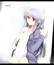Rule 34 | 100 percent orange juice, 1girl, aburidashi zakuro, ahoge, blush, character name, flat chest, jacket, letterboxed, long hair, long sleeves, nipples, one-piece swimsuit, open clothes, open jacket, red eyes, school swimsuit, see-through, silhouette, silver hair, solo, suguri, suguri (orange juice), swimsuit, very long hair, white background, white school swimsuit, white one-piece swimsuit, zipper