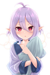 Rule 34 | 1girl, antenna hair, blush, collarbone, commentary request, grey shirt, hair between eyes, highres, kokkoro (princess connect!), long sleeves, looking at viewer, hugging object, pajamas, parted lips, pillow, pillow hug, pointy ears, princess connect!, red eyes, shirt, silver hair, solo, tomo (tmtm mf mf), upper body, white background, wide sleeves