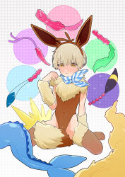 Rule 34 | 1boy, anal tail, blonde hair, blue scarf, blush, brown thighhighs, butt plug, cosplay, creatures (company), crossdressing, eevee, eevee (cosplay), espeon, fake tail, flareon, frown, fur-trimmed collar, fur-trimmed thighhighs, fur trim, game freak, gen 1 pokemon, gen 2 pokemon, gen 4 pokemon, gen 6 pokemon, glaceon, hand up, highres, jolteon, leafeon, male focus, mubo, nintendo, original, pokemon, scarf, school uniform, serafuku, sex toy, sitting, solo, striped clothes, striped scarf, sylveon, tail, thighhighs, trap, umbreon, vaporeon, wariza, white background, white scarf, yellow eyes