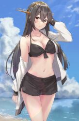Rule 34 | 1girl, absurdres, beach, bikini, black bikini, black hair, black shorts, blush, breasts, brown eyes, cleavage, closed mouth, collarbone, day, hair between eyes, hairband, haruna (kancolle), haruna kai ni (kancolle), headgear, highres, jacket, kantai collection, large breasts, long hair, long sleeves, looking at viewer, monoku, navel, ocean, official alternate costume, open clothes, open jacket, outdoors, shorts, smile, solo, swimsuit, white jacket