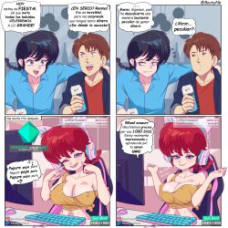 Rule 34 | 1girl, 2boys, absurdres, artist name, blue eyes, blue shirt, bootynk, breasts, breasts squeezed together, chair, cleavage, clenched teeth, comic, computer, covered erect nipples, embarrassed, eyelashes, eyeshadow, genderswap, genderswap (mtf), grin, half-closed eyes, highres, indoors, keyboard (computer), large breasts, licking lips, lip biting, livestream, makeup, mouse (computer), multiple boys, naughty face, open mouth, ponytail, ranma-chan, ranma 1/2, red hair, saotome ranma, shirt, sitting, smile, spanish text, teeth, tongue, tongue out, translated, twitch.tv, uwu, w arms, yellow shirt