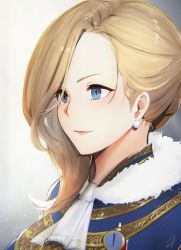 Rule 34 | 1girl, azur lane, blonde hair, blue eyes, closed mouth, commentary request, earrings, hair over shoulder, hayabusa (vert 320), highres, hood (azur lane), jewelry, light smile, long hair, looking afar, portrait, simple background, solo