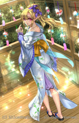 Rule 34 | 1girl, ass, barefoot, character request, earrings, flower, geta, gyakushuu no fantasica, hair flower, hair ornament, highres, japanese clothes, jewelry, kimono, lens flare, long hair, looking back, looking up, necklace, no socks, obi, parted lips, pointy ears, ponytail, red eyes, ryuki@maguro-ex, sandals, sash, wind chime, wooden floor