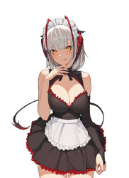 Rule 34 | 1girl, absurdres, antenna hair, apron, arknights, black bow, blush, bow, bowtie, breasts, bridal gauntlets, cleavage, cleavage cutout, clothing cutout, demon horns, demon tail, fingernails, highres, horns, jason kim, licking lips, maid, maid apron, maid headdress, medium breasts, orange eyes, red horns, short hair, silver hair, simple background, single bridal gauntlet, slit pupils, solo, tail, tongue, tongue out, w (arknights), white background