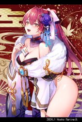 Rule 34 | 1girl, bare shoulders, blush, bow, breasts, cleavage, dated, detached collar, flower, hair bow, hair flower, hair ornament, heterochromia, highres, hololive, houshou marine, houshou marine (new year), japanese clothes, kimono, large breasts, long hair, looking at viewer, official alternate costume, ponytail, red eyes, red hair, shindou mui, smile, solo, thighhighs, virtual youtuber, yellow eyes