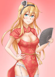 Rule 34 | 1girl, alternate costume, anti (untea9), black hairband, blonde hair, blue eyes, braid, breasts, china dress, chinese clothes, cleavage, cleavage cutout, clothing cutout, commentary request, crown, dress, folding fan, french braid, garter belt, garter straps, hairband, hand fan, hand on own hip, highres, kantai collection, large breasts, long hair, looking at viewer, mini crown, panties, red background, solo, thighhighs, underwear, warspite (kancolle), white panties, white thighhighs