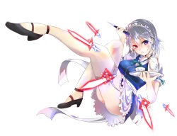 Rule 34 | 1girl, absurdres, apron, bad id, bad pixiv id, blue dress, blue eyes, cup, danmaku, dress, garter straps, heterochromia, highres, holding, holding knife, izayoi sakuya, knife, looking at viewer, maid, maid apron, maid headdress, parted lips, puffy short sleeves, puffy sleeves, reclining, red eyes, short hair, short sleeves, silver hair, solo, teacup, teapot, thighhighs, thighs, touhou, weapon, white thighhighs, wrist cuffs, yorughi, zettai ryouiki