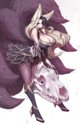 Rule 34 | 1girl, ahri (league of legends), animal ear fluff, animal ears, animal skull, armor, armored boots, armored dress, bare shoulders, black hair, blonde hair, blue eyes, blush, boots, breasts, brooch, claw ring, cleavage cutout, closed mouth, clothing cutout, coven ahri, detached sleeves, dress, facial mark, fox ears, fox tail, frown, full body, hair ornament, hair over one eye, highres, jewelry, knee boots, large breasts, league of legends, leaning forward, long hair, looking at viewer, multicolored hair, multiple tails, one eye covered, panties, pantyhose, pantyshot, purple dress, purple footwear, purple panties, purple tail, short dress, solo, streaked hair, tail, two-tone hair, underwear, very long hair, whisker markings, white background, yabby