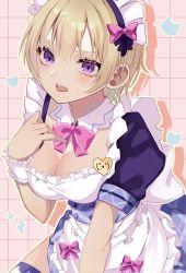 Rule 34 | 1girl, apron, artist request, bad id, bad twitter id, blonde hair, bow, bowtie, breasts, cleavage, detached collar, frilled apron, frills, highres, idolmaster, idolmaster shiny colors, maid, maid headdress, medium breasts, puffy short sleeves, puffy sleeves, purple eyes, saijo juri, short hair, short sleeves, solo, thighhighs, waitress, white apron, wrist cuffs, zettai ryouiki