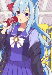 Rule 34 | 1girl, animal ears, blue hair, bow, braid, can, commentary request, crown braid, ear ornament, highres, holding, holding can, horse ears, horse girl, horse tail, jacket, jacket partially removed, light blue hair, long sleeves, looking at viewer, mejiro ardan (umamusume), open mouth, outdoors, pleated skirt, purple eyes, purple serafuku, purple shirt, purple skirt, school uniform, serafuku, shirt, skirt, solo, tail, umamusume, wahiko (black bastard), white bow, winter uniform