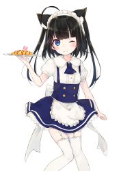 Rule 34 | 1girl, ;), ;3, animal ears, apron, arm at side, ascot, black ascot, black dress, black hair, blouse, blue dress, blue eyes, blush, breasts, buttons, cat ears, cat girl, cat tail, closed mouth, commentary request, cowboy shot, dress, food, frilled apron, frilled skirt, frills, fushimi sameta, garter straps, highres, holding, holding plate, ketchup, knees together feet apart, long hair, looking at viewer, maid, maid apron, maid headdress, omelet, omurice, one eye closed, original, pinafore dress, plate, puffy short sleeves, puffy sleeves, shirt, short sleeves, simple background, skirt, sleeveless dress, small breasts, smile, solo, standing, tail, thighhighs, twintails, waist apron, white background, white shirt, white thighhighs