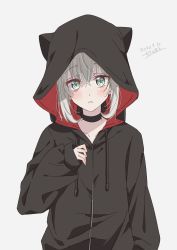 Rule 34 | 1girl, absurdres, animal ears, black choker, black hoodie, blush, chili-tomato (gekikaraya), choker, closed mouth, collarbone, commentary request, dated, fake animal ears, fate (series), gray (fate), green eyes, grey background, grey hair, hair between eyes, hand up, highres, hood, hood up, hoodie, long sleeves, looking at viewer, lord el-melloi ii case files, short hair, signature, simple background, solo, upper body