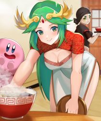 Rule 34 | 2girls, alternate costume, arms (game), blonde hair, bun cover, china dress, chinese clothes, cleavage cutout, clothing cutout, dress, food, green eyes, green hair, hat, highres, jiangshi, katwo, kid icarus, kid icarus uprising, kirby, kirby (series), looking at viewer, min min (arms), multiple girls, nintendo, palutena, pelvic curtain, side slit, smile, super smash bros., tabard