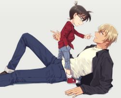 Rule 34 | 2boys, :d, amuro tooru, arm support, black-framed eyewear, black jacket, blonde hair, blue eyes, blue pants, brown footwear, brown hair, cardigan, child, closed mouth, commentary request, edogawa conan, eye contact, finger gun, fingernails, from side, glasses, grey background, grey pants, hair between eyes, hand in pocket, height difference, jacket, k (gear labo), long sleeves, looking at another, lying, male focus, meitantei conan, multiple boys, on back, on floor, open clothes, open jacket, open mouth, pants, pointing, pointing at another, profile, red footwear, red jacket, shoes, short hair, simple background, smile, sneakers, socks, standing, white cardigan, white legwear