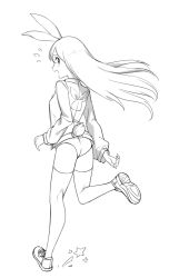 Rule 34 | 1girl, animal ears, ass, blush, breasts, copyright request, floating hair, full body, greyscale, hair between eyes, jacket, leotard, leotard under clothes, long hair, long sleeves, looking at viewer, looking back, monochrome, open clothes, open jacket, open mouth, rabbit ears, rabbit girl, rabbit tail, saiste, shoe soles, shoes, simple background, small breasts, solo, standing, standing on one leg, star (symbol), tail, thighhighs, very long hair, white background