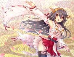 Rule 34 | 10s, 1girl, armpits, bad id, bad pixiv id, black hair, boots, buritaku, detached sleeves, hairband, haruna (kancolle), headgear, japanese clothes, kantai collection, long hair, nontraditional miko, petals, red eyes, red skirt, skirt, solo, thigh boots, thighhighs, wide sleeves