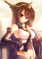 Rule 34 | 10s, 1girl, black hair, blush, breasts, elbow gloves, fingerless gloves, gloves, headgear, kantai collection, long hair, looking at viewer, nagato (kancolle), personification, red eyes, smile, solo, syroh