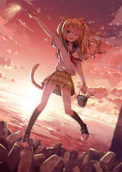 Rule 34 | 1girl, ahoge, animal ears, blush, bracelet, breasts, brown hair, bucket, cat ears, cat girl, cat tail, commentary request, dutch angle, fireworks, full body, gradient background, grey eyes, holding, jewelry, laces, long hair, looking at viewer, miniskirt, neckerchief, one eye closed, open mouth, original, outdoors, pink sky, plaid, plaid skirt, pleated skirt, rock, school uniform, serafuku, shoes, shore, short sleeves, skirt, sky, small breasts, smile, solo, sparkle, standing, standing on one leg, sunset, tail, taiyaki (astre), water, wavy hair