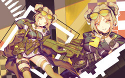 Rule 34 | 1girl, :d, black gloves, blonde hair, breasts, brown thighhighs, buckle, bullpup, choker, double bun, eyewear on head, gas mask, girls&#039; frontline, gloves, gun, hair bun, highres, holding, holding gun, holding weapon, horizontal magazine, jacket, looking at viewer, mask, medium breasts, multiple views, open mouth, p90, p90 (girls&#039; frontline), personal defense weapon, smile, snap-fit buckle, softmode, submachine gun, sunglasses, sunglasses on head, teeth, thigh strap, thighhighs, unworn mask, weapon, yellow eyes