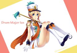 Rule 34 | 1girl, alternate costume, bad id, bad pixiv id, band uniform, blonde hair, blue eyes, boots, breasts, gloves, hat, konomoto, league of legends, lux (league of legends), marching band baton, shako cap, short hair, skirt, smile, solo