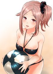 Rule 34 | 10s, 1girl, bad id, bad pixiv id, ball, bare arms, bare legs, bare shoulders, beachball, bikini, black bikini, breasts, collarbone, confusing, female focus, from above, gradient background, highres, jitome, kunichika yuu, large breasts, light smile, looking at viewer, navel, o-ring, o-ring top, parted lips, pink eyes, pink hair, ponytail, solo, stomach, swimsuit, world trigger