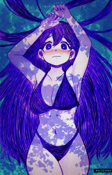 Rule 34 | 1girl, absurdres, axl sevens, bare shoulders, bikini, black hair, breasts, bright pupils, cleavage, colored skin, highres, long hair, looking at viewer, mari (headspace) (omori), mari (omori), omori, open mouth, purple eyes, purple hair, smile, swimsuit, white skin