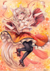 Rule 34 | 1girl, animal ears, black thighhighs, colored pencil (medium), detached sleeves, fangs, geta, hat, hat ribbon, inubashiri momiji, long sleeves, looking at viewer, midriff, mosho, navel, open mouth, painting (medium), pink eyes, pom pom (clothes), ribbon, ribbon-trimmed sleeves, ribbon trim, shirt, silver hair, skirt, smile, solo, tail, thighhighs, tokin hat, touhou, traditional media, watercolor (medium), wide sleeves, wolf ears, wolf tail