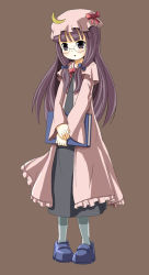 Rule 34 | 1girl, :o, bespectacled, black eyes, blunt bangs, book, bow, brown background, capelet, coat, dress, female focus, full body, glasses, grey pantyhose, hat, long hair, open mouth, own hands together, pantyhose, patchouli knowledge, pigeon-toed, purple eyes, purple hair, shoes, simple background, sixten, solo, standing, touhou, v arms, very long hair, wide sleeves