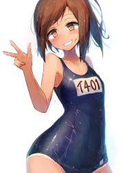 Rule 34 | 1girl, beize (garbage), black one-piece swimsuit, blue one-piece swimsuit, blush, brown eyes, brown hair, character name, collarbone, cowboy shot, from side, grin, head tilt, i-401 (kancolle), kantai collection, name tag, old school swimsuit, one-piece swimsuit, one-piece tan, ponytail, school swimsuit, short hair, simple background, smile, solo, standing, swept bangs, swimsuit, tan, tanline, v, wet, wet clothes, wet swimsuit, white background, wide hips