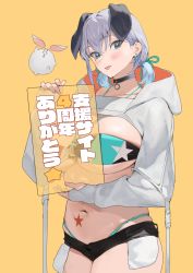 Rule 34 | 1girl, :p, absurdres, animal ears, bikini, blue eyes, breasts, commentary request, dog ears, earrings, highres, holding, hood, hooded jacket, ikuchan kaoru, ikuchan kaoru (character), indie virtual youtuber, jacket, jewelry, large breasts, looking at viewer, mole, mole under eye, navel, orange background, short hair, short twintails, simple background, solo, star (symbol), star print, star tattoo, swimsuit, tattoo, tongue, tongue out, translation request, twintails, virtual youtuber, white jacket