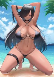 Rule 34 | 1girl, absurdres, armpits, arms up, bare shoulders, beach, bikini, black bikini, black hair, blue eyes, breasts, cleavage, dark-skinned female, dark skin, day, hair over one eye, highres, kneeling, large breasts, long bangs, looking at viewer, mole, mole under mouth, outdoors, solo, spread legs, squatting, swimsuit, tan, tatakau ataisuru, thick thighs, thigh strap, thighs, ultra-13, zara moussa