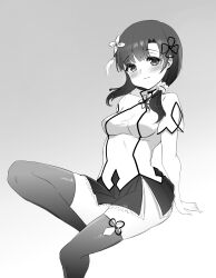 Rule 34 | 1girl, arm cutout, arms behind back, assault lily, blush, breasts, choker, closed mouth, commentary, flower, flower knot, foot out of frame, frilled skirt, frills, greyscale, hair flower, hair ornament, hair over shoulder, hair scrunchie, highres, invisible chair, leg up, long hair, looking at viewer, low ponytail, medium breasts, miniskirt, monochrome, panties, panty peek, pleated skirt, scrunchie, shirt, short sleeves, side ponytail, side slit, sitting, skirt, softwareworker, solo, tassel, tassel hair ornament, thighhighs, underwear, wang yujia