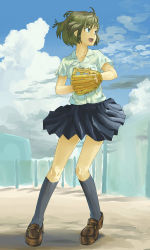Rule 34 | 1girl, baseball, baseball glove, blue eyes, brown hair, cloud, day, hataori, highres, school uniform, shoes, short hair, skirt, sky, socks, solo, wind
