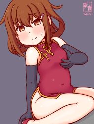 Rule 34 | alternate costume, artist logo, black gloves, breasts, brown eyes, brown hair, china dress, chinese clothes, covered navel, dated, dress, elbow gloves, gloves, grey background, ikazuchi (kancolle), kanon (kurogane knights), kantai collection, looking at viewer, one-hour drawing challenge, short hair, simple background, small breasts