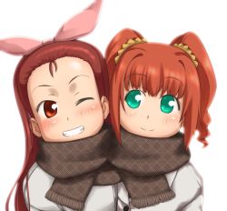 Rule 34 | 00s, 2girls, blush, coat, hair ribbon, idolmaster, idolmaster (classic), idolmaster 1, long hair, minase iori, multiple girls, one eye closed, red eyes, red hair, ribbon, scarf, shared clothes, shared scarf, smile, takatsuki yayoi, ttomm, twintails, wink, winter clothes