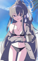 Rule 34 | 1girl, absurdres, bikini, black bikini, black hair, blue archive, blue eyes, breasts, cardigan, cowboy shot, cup, day, glasses, grey cardigan, hair between eyes, hairband, highres, holding, holding cup, jewelry, long hair, long sleeves, looking at viewer, navel, ocean, official alternate costume, open mouth, outdoors, pendant, ponytail, purple hairband, round eyewear, small breasts, solo, swimsuit, ui (blue archive), ui (swimsuit) (blue archive), wasi