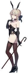 Rule 34 | 1girl, animal ears, artoria pendragon (all), artoria pendragon (fate), bare shoulders, black bow, black choker, black footwear, black gloves, black leotard, black thighhighs, blonde hair, bow, braid, breasts, brown thighhighs, cane, choker, cleavage, collarbone, elbow gloves, fake animal ears, fate/stay night, fate (series), french braid, full body, gloves, hair between eyes, hair bow, hair bun, high heels, highleg, highleg leotard, highres, holding, holding cane, leotard, long hair, looking at viewer, medium breasts, open mouth, playboy bunny, rabbit ears, rabbit girl, rabbit tail, resolution mismatch, revision, saber alter, sidelocks, simple background, single hair bun, solo, source larger, strapless, strapless leotard, tail, thighhighs, vivi (eve no hakoniwa), white background, yellow eyes