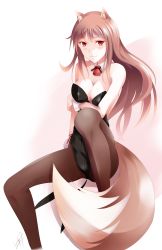 Rule 34 | 1girl, animal ears, bare shoulders, blush, breast hold, breasts, brown hair, detached collar, fudo shin, highres, holo, leotard, long hair, medium breasts, nontraditional playboy bunny, pantyhose, playboy bunny, red eyes, sitting, solo, spice and wolf, tail, wolf ears, wolf tail, wrist cuffs