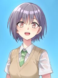 Rule 34 | 1girl, :d, bang dream!, bang dream! it&#039;s mygo!!!!!, black hair, blue background, blush, breasts, brown eyes, collared shirt, commentary request, green necktie, hair between eyes, highres, medium breasts, necktie, open mouth, school uniform, shirt, short hair, simple background, smile, solo, somechime (sometime1209), sweater vest, takamatsu tomori, upper body, wet, wet hair, white shirt