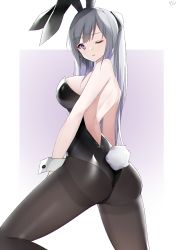 Rule 34 | 1girl, absurdres, ak-12 (girls&#039; frontline), alternate costume, animal ears, artificial eye, ass, bare back, bare shoulders, black leotard, black pantyhose, breasts, chinese commentary, closed mouth, fake animal ears, feet out of frame, from side, girls&#039; frontline, grey hair, hair ribbon, highres, large breasts, leotard, light blush, long hair, looking at viewer, looking to the side, mechanical eye, one eye closed, pantyhose, parted lips, playboy bunny, ponytail, purple eyes, rabbit ears, rabbit tail, ribbon, sideboob, sidelocks, simple background, smile, solo, standing, tail, thighs, white background, white wrist cuffs, wrist cuffs, yanwulazy