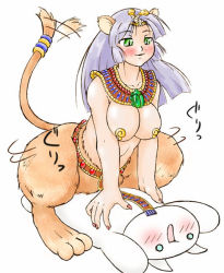 Rule 34 | animal ears, artist request, blush, breasts, character request, green eyes, mona (2ch), monster girl, purple hair, simple background, sphinx, straddling, tail
