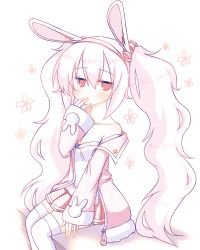 Rule 34 | 1girl, animal ears, azur lane, blush, breasts, camisole, cleavage, collarbone, covered mouth, fur-trimmed jacket, fur trim, hair between eyes, hair ornament, hair scrunchie, hairband, hand to own mouth, jacket, laffey (azur lane), long hair, long sleeves, lowres, off shoulder, pink jacket, pleated skirt, rabbit ears, red eyes, red hairband, red scrunchie, red skirt, sakurato ototo shizuku, scrunchie, sidelocks, silver hair, sitting, skirt, sleeves past wrists, small breasts, solo, strap slip, thighhighs, twintails, very long hair, white camisole, white thighhighs