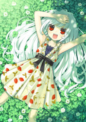 Rule 34 | 1girl, :d, albino, armpits, arms up, clover, clover (flower), dress, face, flower, food, food print, four-leaf clover, from above, fruit, hand on forehead, long hair, lying, on back, open mouth, original, print dress, red eyes, ribbon, smile, solo, strawberry, strawberry print, tsunako, white hair